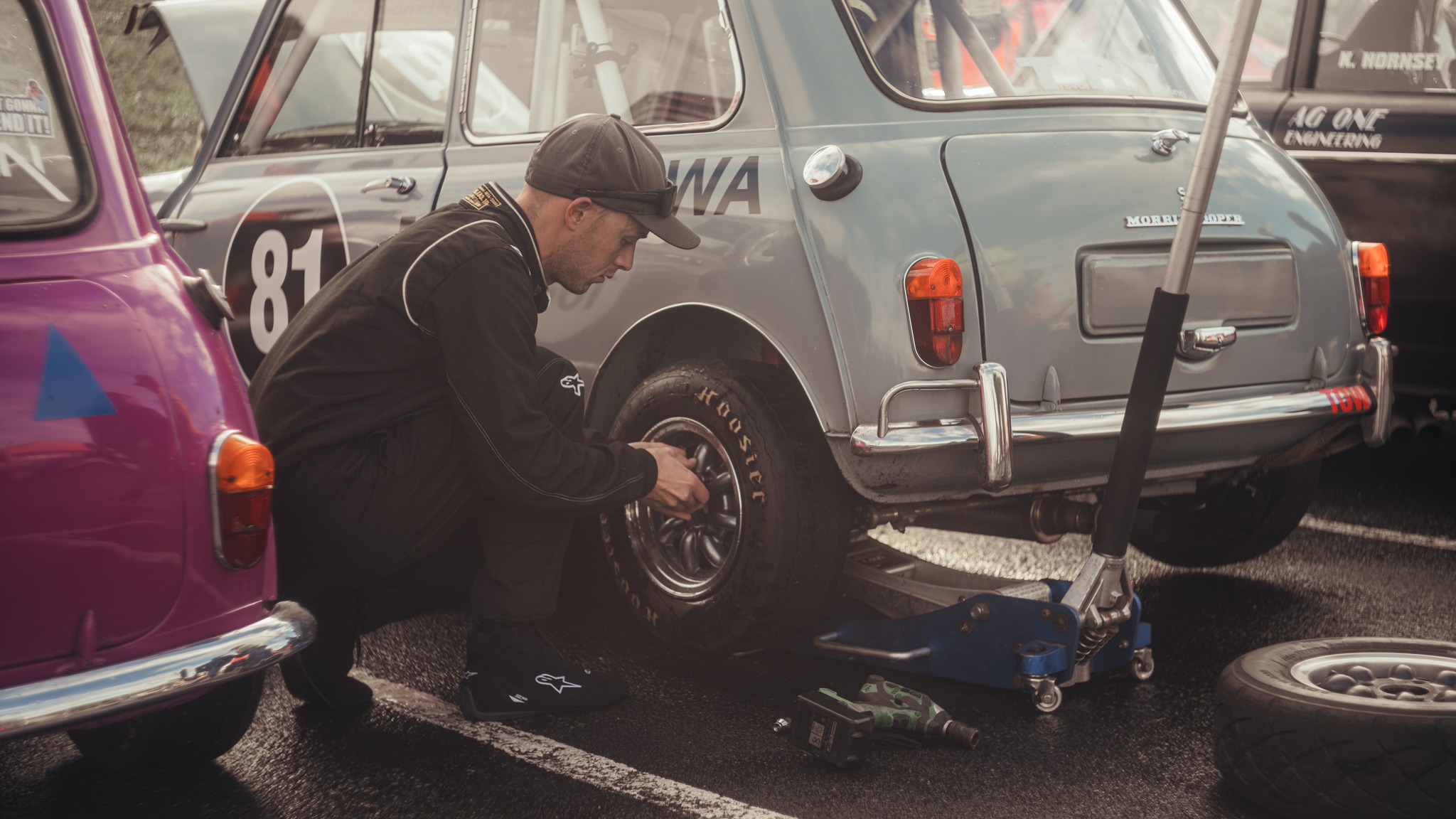 A vintage car being repaired