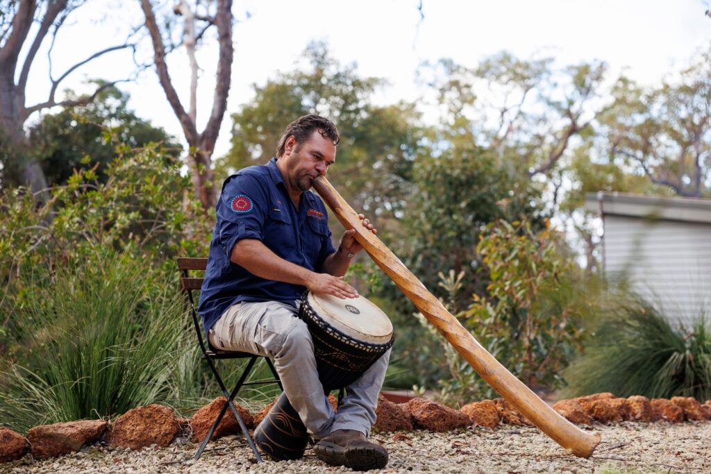 Wadandi custodian, Josh Whiteland of Koomal Dreaming, performing the Didgeridoo