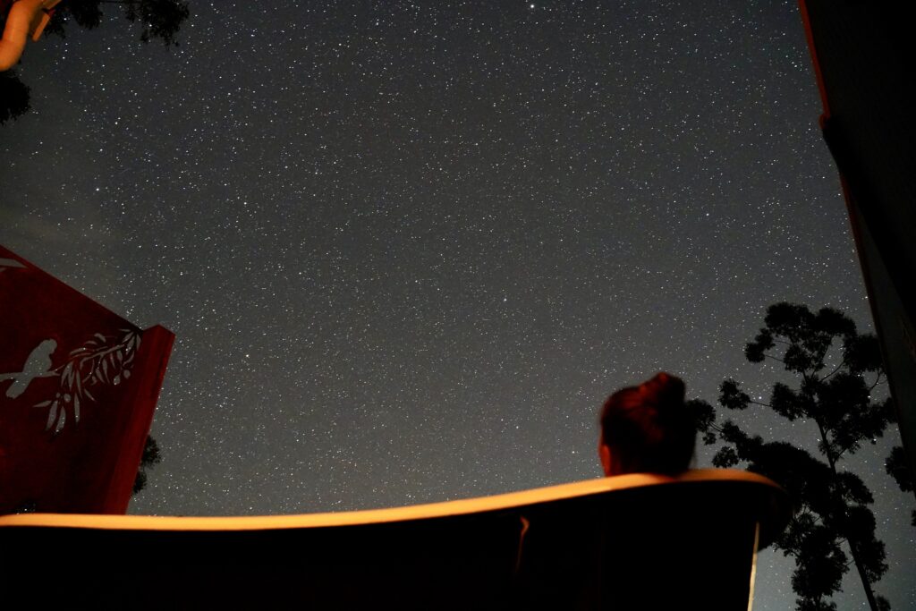 The Glow of Grandis: Tree Chalets’ Newest Eco Escape - outdoor bath under starry sky